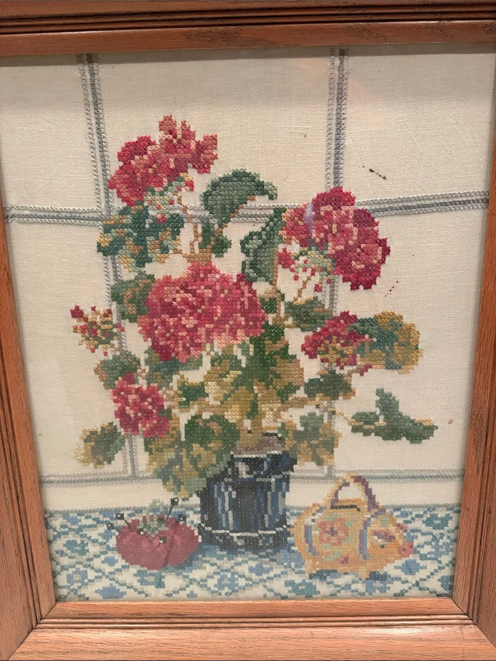 Vintage Cross Stitch Floral Still Life Red Geraniums Piggy Bank Framed Embroider